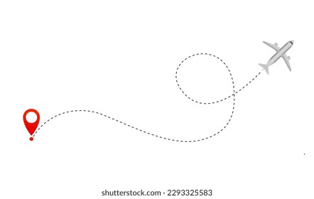 Airline trajectory vector icon of plane flight route with starting point and tire line trace. Dashed plane trajectory, plane to follow, trace or road for infographics. Vector illustration