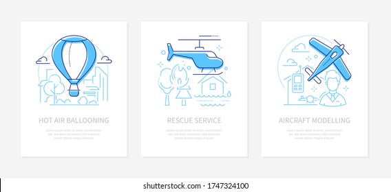 Airline transportation - line design style banners set with place for text. Hot air ballooning, rescue service, aircraft modelling ideas. Helicopter fighting a fire, a boy with an airplane model