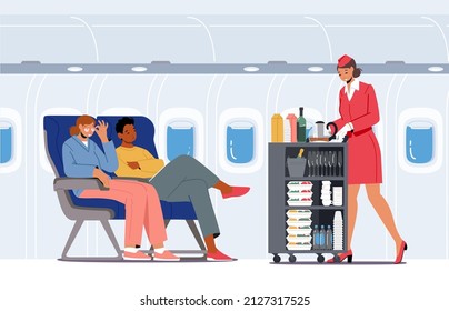 Airline Transportation Service, Airplane Crew and Passenger Characters Flying in Plane. Stewardess Push Trolley with Drinks and Meals for People on Chairs in Economy Class. Cartoon Vector Illustration