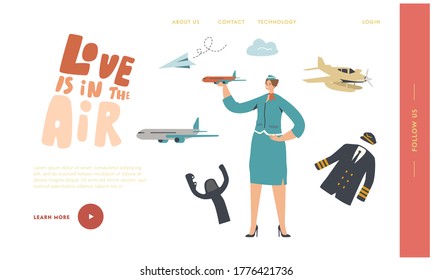 Airline Transportation Service Landing Page Template. Stewardess Character Wear Uniform Holding Airplane Model in Hand. Plane Crew, Air Hostess Profession, Aircraft History. Linear Vector Illustration