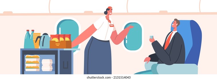 Flugverkehr Service, Stewardess bietet Getränke und Mahlzeiten auf Trolley für Geschäftsleute, die auf dem Stuhl sitzen. Flugbesatzung und Fluggastcharakter im Flugzeug. Vektorgrafik von Cartoon People