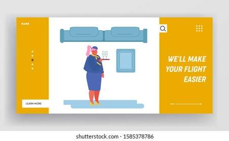 Airline Transportation Service Website Landing Page. Stewardess Wearing Uniform Holding Tray with Drink Glasses. Airplane Crew in Plane, Air Hostess Web Page Banner. Cartoon Flat Vector Illustration