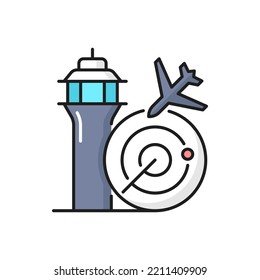 Airline Travel, Airport Service Outline Icon With Dispatcher Tower And Radar. Aviation Flight Tracking, Air Transportation Technology Thin Line Vector Icon Or Linear Pictogram