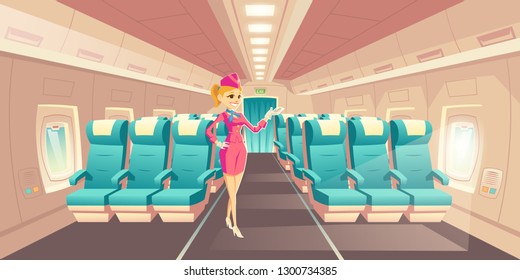 Airline travel with comfort cartoon vector. Happy smiling flight attendant, stewardess in elegant uniform, welcoming passengers on board of comfortable airliner illustration. Woman occupation concept