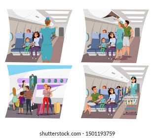 Airline Reise flache Vektorgrafiken Set. Professionelle Stewardess und Passagiere Cartoon Charaktere. Sicherheitshinweise, Abflug des Flugzeugs. Air-Herberge, Flugbegleiterin bietet Snacks an. Familienurlaub