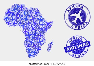 Airline vector Africa map composition and scratched watermarks. Abstract Africa map is organized of blue flat randomized airline symbols and map pointers. Tourism plan in blue colors,