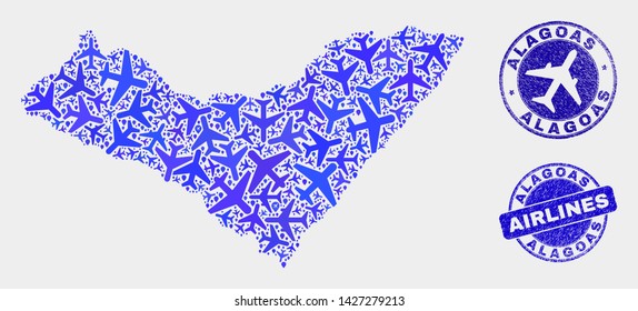 Airline vector Alagoas State map mosaic and grunge seals. Abstract Alagoas State map is created of blue flat random aircraft symbols and map locations. Tourism scheme in blue colors,