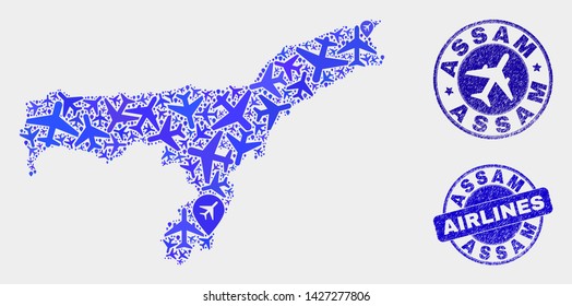 Airline vector Assam State map mosaic and grunge seals. Abstract Assam State map is constructed of blue flat randomized airplane symbols and map locations. Shipping scheme in blue colors,