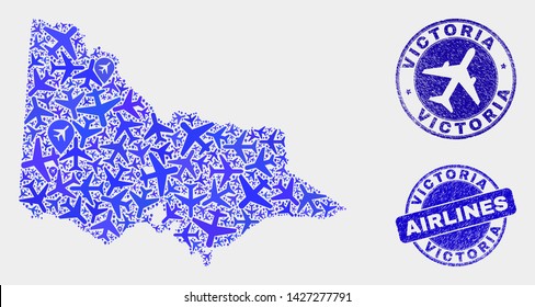 Airline vector Australian Victoria map composition and scratched seals. Abstract Australian Victoria map is organized with blue flat scattered airline symbols and map markers.