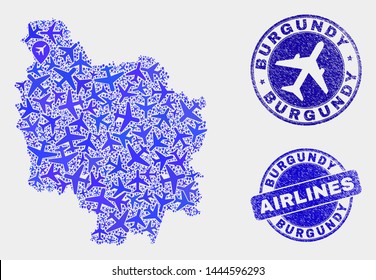 Airline vector Burgundy Province map composition and scratched watermarks. Abstract Burgundy Province map is created of blue flat randomized airplane symbols and map pointers.