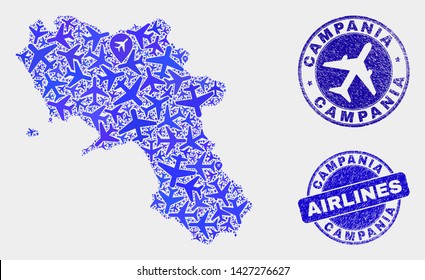 Airline vector Campania region map composition and grunge watermarks. Abstract Campania region map is created of blue flat random airlines symbols and map locations. Flight plan in blue colors,