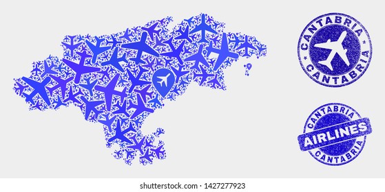 Airline vector Cantabria Province map mosaic and grunge watermarks. Abstract Cantabria Province map is done of blue flat randomized airline symbols and map markers. Delivery scheme in blue colors,