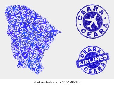 Airline vector Ceara state map mosaic and scratched seals. Abstract Ceara state map is designed from blue flat random aviation symbols and map pointers. Tourism plan in blue colors, and rounded seals.
