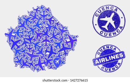 Airline vector Cuenca Province map collage and grunge seals. Abstract Cuenca Province map is designed from blue flat random airline symbols and map markers. Shipping plan in blue colors,