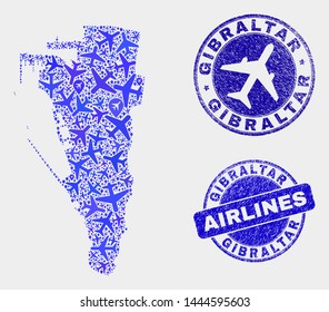 Airline vector Gibraltar map composition and grunge watermarks. Abstract Gibraltar map is formed with blue flat scattered airplane symbols and map locations. Flight scheme in blue colors,