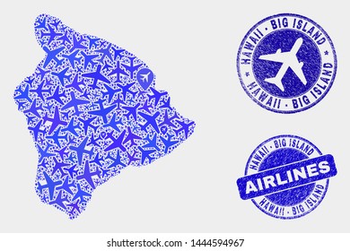 Airline vector Hawaii Big Island map composition and grunge stamps. Abstract Hawaii Big Island map is created from blue flat scattered airline symbols and map pointers. Tourism scheme in blue colors,