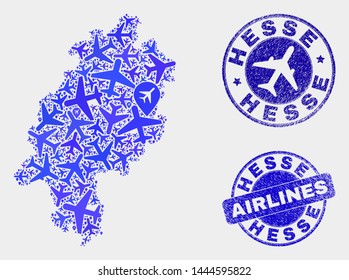 Airline vector Hesse Land map mosaic and scratched seals. Abstract Hesse Land map is composed with blue flat randomized airlines symbols and map markers. Shipping plan in blue colors,