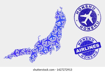 Airline vector Honshu Island map composition and scratched seals. Abstract Honshu Island map is formed with blue flat scattered airline symbols and map markers. Flight scheme in blue colors,