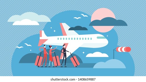 Airline vector illustration. Flat tiny sky transportation persons concept. Airplane journey departure to international holiday destination. Aviator, cabin crew, pilot and flight attendant occupation.