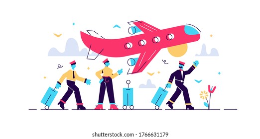 Airline vector illustration. Flat tiny sky transportation persons concept. Airplane journey departure to international holiday destination. Aviator, cabin crew, pilot and flight attendant occupation.