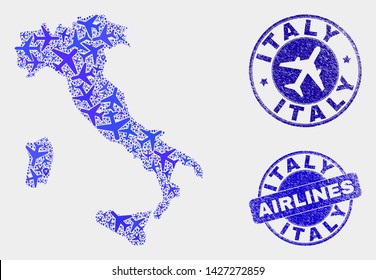 Airline vector Italy map composition and grunge stamps. Abstract Italy map is designed with blue flat random airlines symbols and map locations. Tourism plan in blue colors, and rounded stamps.