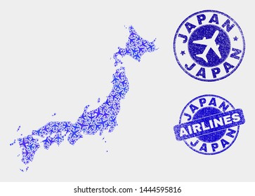 Airline vector Japan map composition and grunge stamps. Abstract Japan map is composed with blue flat scattered airline symbols and map markers. Flight plan in blue colors, and rounded stamps.