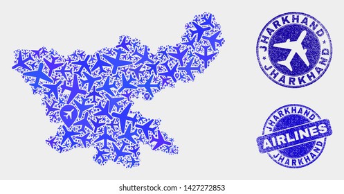Airline vector Jharkhand State map collage and grunge stamps. Abstract Jharkhand State map is done of blue flat scattered airline symbols and map locations. Shipping scheme in blue colors,
