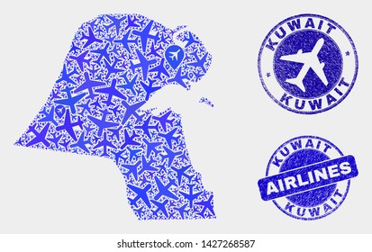 Airline vector Kuwait map collage and grunge seals. Abstract Kuwait map is done with blue flat scattered aircraft symbols and map locations. Shipping plan in blue colors, and rounded seals.