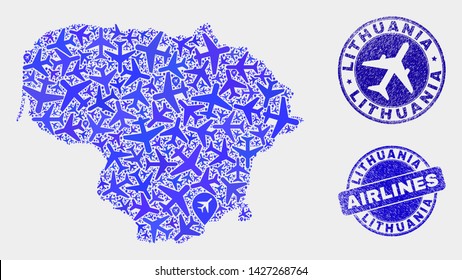 Airline vector Lithuania map composition and scratched stamps. Abstract Lithuania map is constructed with blue flat randomized airline symbols and map locations. Transport scheme in blue colors,