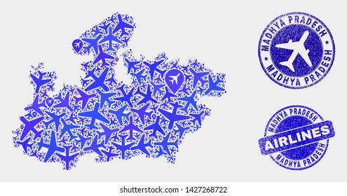 Airline vector Madhya Pradesh State map mosaic and scratched watermarks. Abstract Madhya Pradesh State map is constructed with blue flat scattered airline symbols and map pointers.