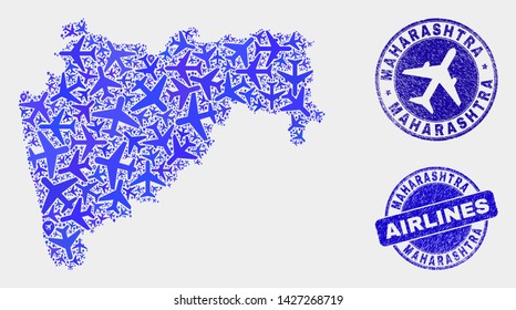 Airline vector Maharashtra State map mosaic and scratched seals. Abstract Maharashtra State map is designed with blue flat randomized airline symbols and map markers. Transport plan in blue colors,