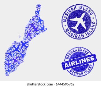 Airline vector Masirah Island map composition and scratched stamps. Abstract Masirah Island map is composed of blue flat random airline symbols and map markers. Flight plan in blue colors,
