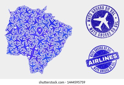 Airline vector Mato Grosso do Sul State map collage and grunge seals. Abstract Mato Grosso do Sul State map is composed with blue flat randomized airplane symbols and map pointers.