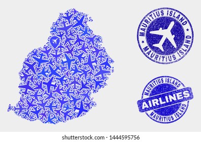 Airline vector Mauritius Island map collage and grunge watermarks. Abstract Mauritius Island map is created of blue flat randomized airline symbols and map pointers. Delivery plan in blue colors,