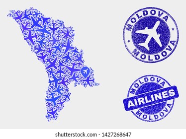 Airline vector Moldova map mosaic and scratched watermarks. Abstract Moldova map is composed with blue flat scattered air plane symbols and map locations. Delivery scheme in blue colors,
