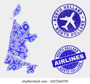 Airline vector North Holland map composition and grunge stamps. Abstract North Holland map is created with blue flat scattered aviation symbols and map locations. Tourism scheme in blue colors,