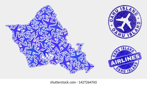 Airline vector Oahu Island map collage and scratched seals. Abstract Oahu Island map is constructed with blue flat randomized airline symbols and map pointers. Transport plan in blue colors,