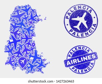 Airline vector Palencia Province map composition and scratched seals. Abstract Palencia Province map is constructed from blue flat random airline symbols and map locations.