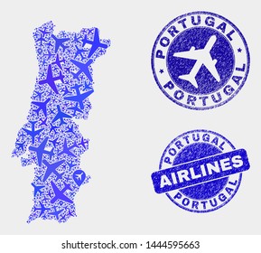 Airline vector Portugal map composition and scratched stamps. Abstract Portugal map is formed of blue flat scattered airline symbols and map pointers. Delivery plan in blue colors, and rounded stamps.