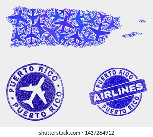 Airline vector Puerto Rico map collage and grunge seals. Abstract Puerto Rico map is designed of blue flat randomized airlines symbols and map markers. Delivery scheme in blue colors,
