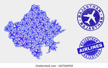 Airline vector Rajasthan State map collage and scratched seals. Abstract Rajasthan State map is created of blue flat random airline symbols and map markers. Tourism plan in blue colors,