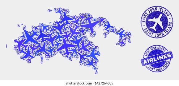 Airline vector Saint John Island map composition and grunge watermarks. Abstract Saint John Island map is composed of blue flat randomized aircraft symbols and map locations.