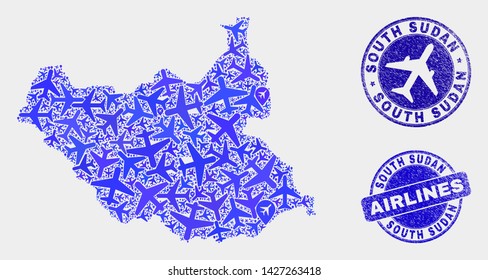 Airline vector South Sudan map collage and grunge watermarks. Abstract South Sudan map is composed of blue flat random airline symbols and map locations. Tourism scheme in blue colors,