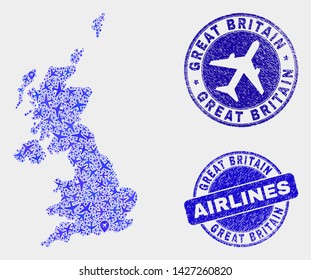 Airline vector United Kingdom map composition and scratched stamps. Abstract United Kingdom map is designed with blue flat scattered aircraft symbols and map locations. Flight plan in blue colors,