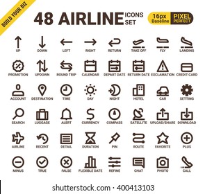 Airline web universal pixel perfect line icons modern style for travel mobile app