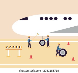 trabajadores de aerolíneas revisando la escena del avión
