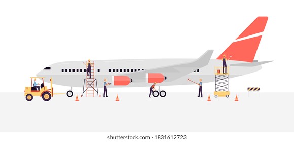 Airline workers and engineers maintain a plane before flight, flat vector illustration isolated on white background. Aircrafting technical services for airplanes.