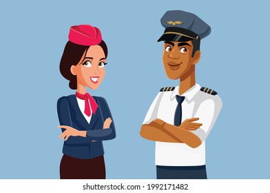 Airline Workers Pilot and Stewardess Standing Together. Crew members of an airline company smiling and showing confidence
