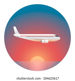 Airliner Against the Setting Sun - Circle Detailed Illustration with Gradients Isolated on White