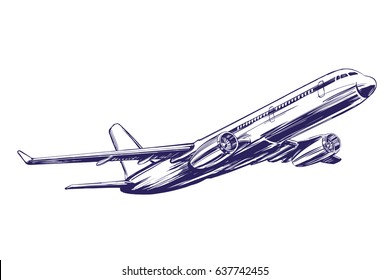 airliner, aircraft hand drawn vector illustration realistic sketch